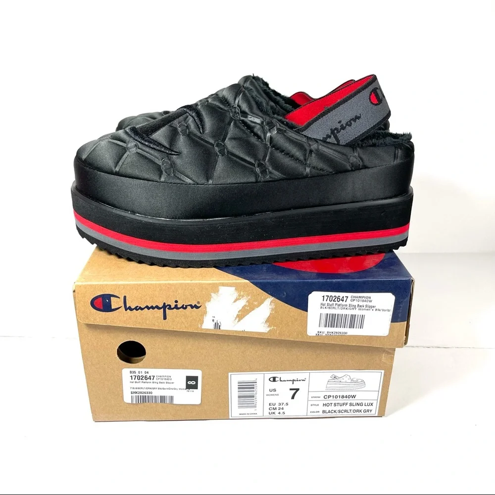 Champion Hot Stuff Platform Slippers Women’s Size 7 Lux‎ Black Slingback